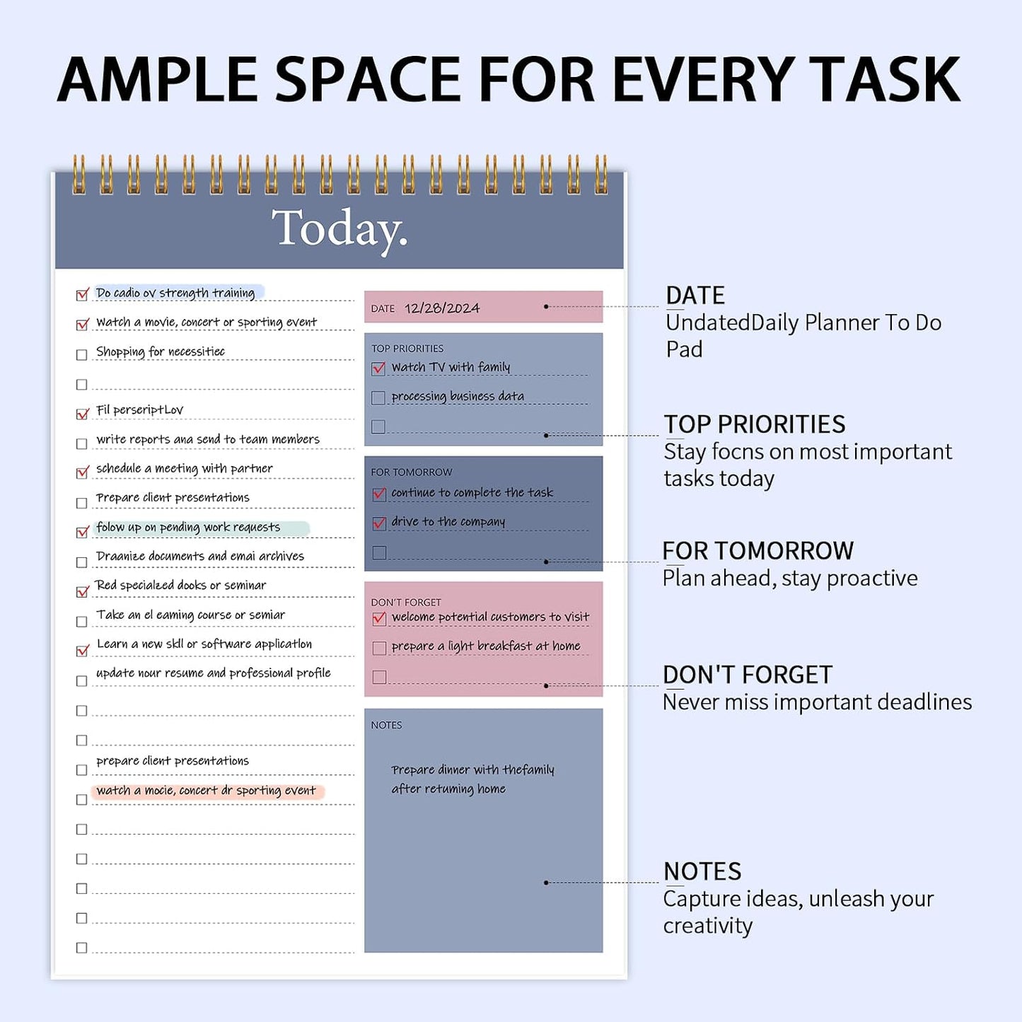 To Do List Notepad - Daily Planner Notepad 104 Pages Task Planner, 6.7" x 9.8" Double Sided Spiral Notebook with Checklist Productivity Planning Pad for Work Office Home-Pink