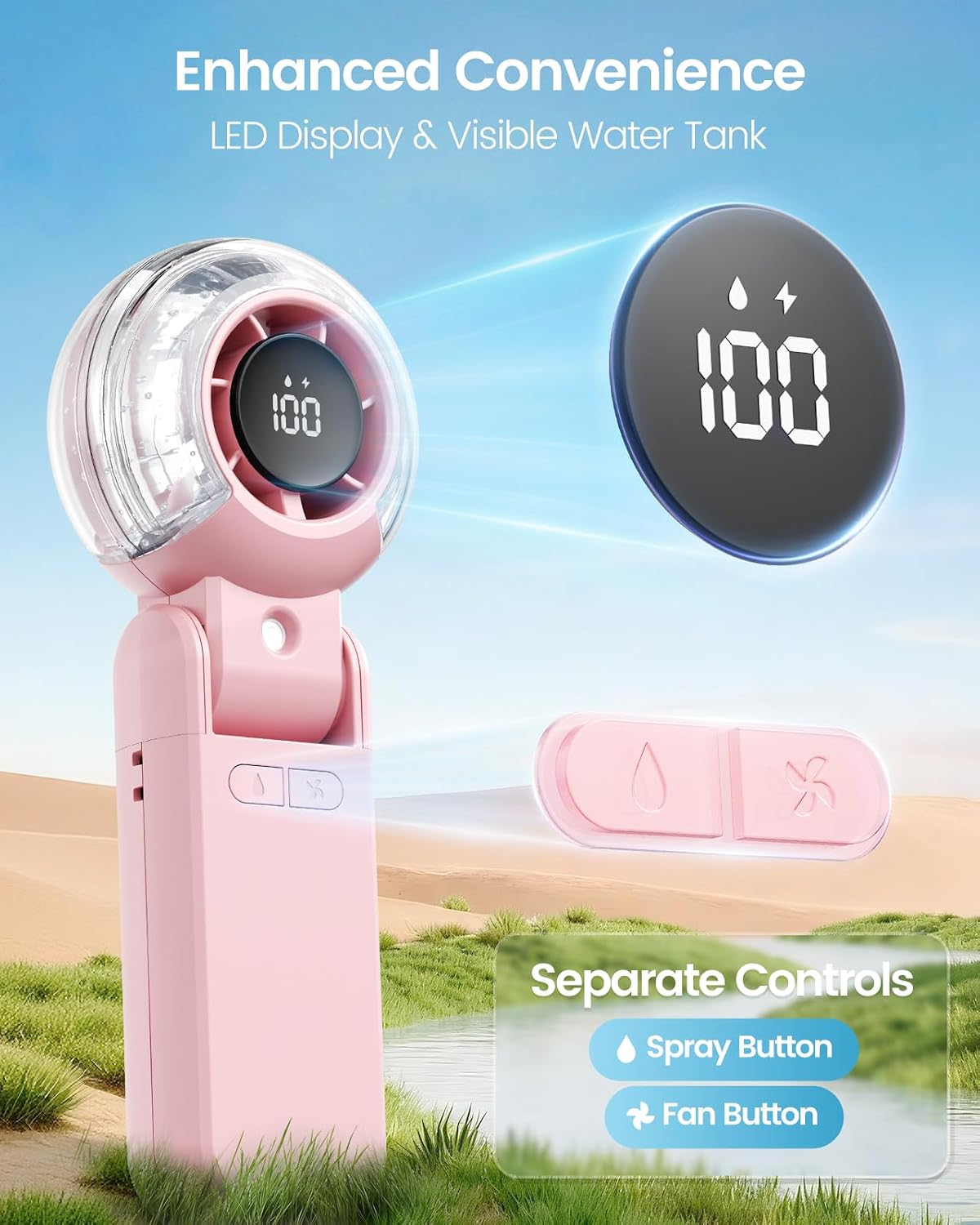 TriPole Misting Fan Portable Handheld Turbo Fan with Mist, Neck & Desk Use
