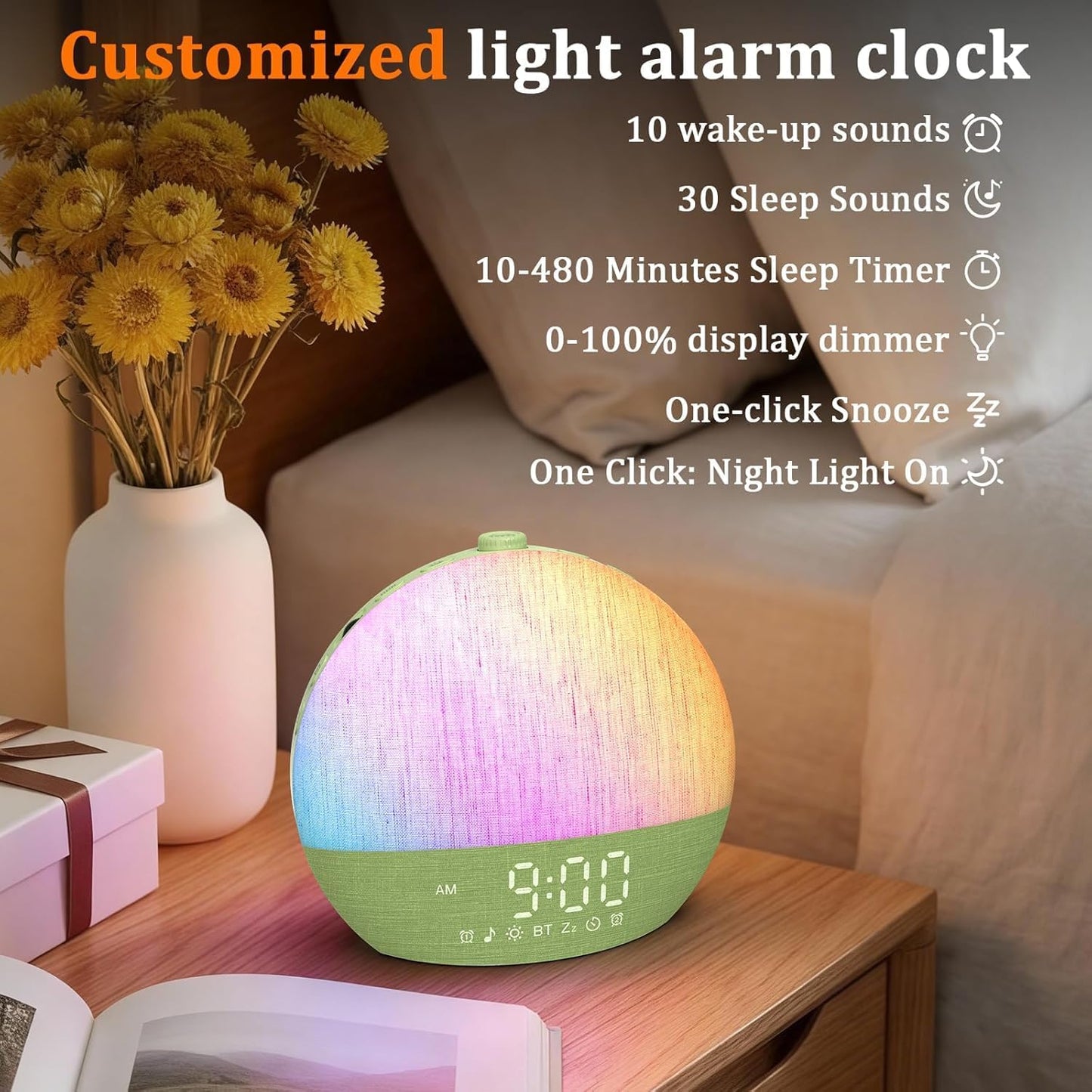 Sunrise Alarm Clock with Sound Machine - Wake Up Light, Wood Grain, Bluetooth, Dual Digital Alarm Clocks for Bedrooms, Adjustable Brightness, 30 Sleep Sounds, White Noise Machine for Baby & Adults