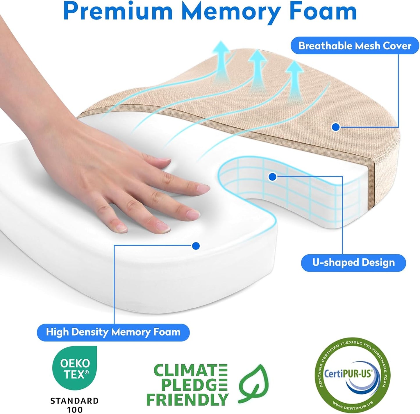 CushZone Seat Cushion - Memory Foam Office Chair Cushion for Sciatica, Tailbone & Back Pain Relief - Orthopedic Coccyx Pillow for Car, Airplane, Pregnancy & Long Sitting at Work, Black