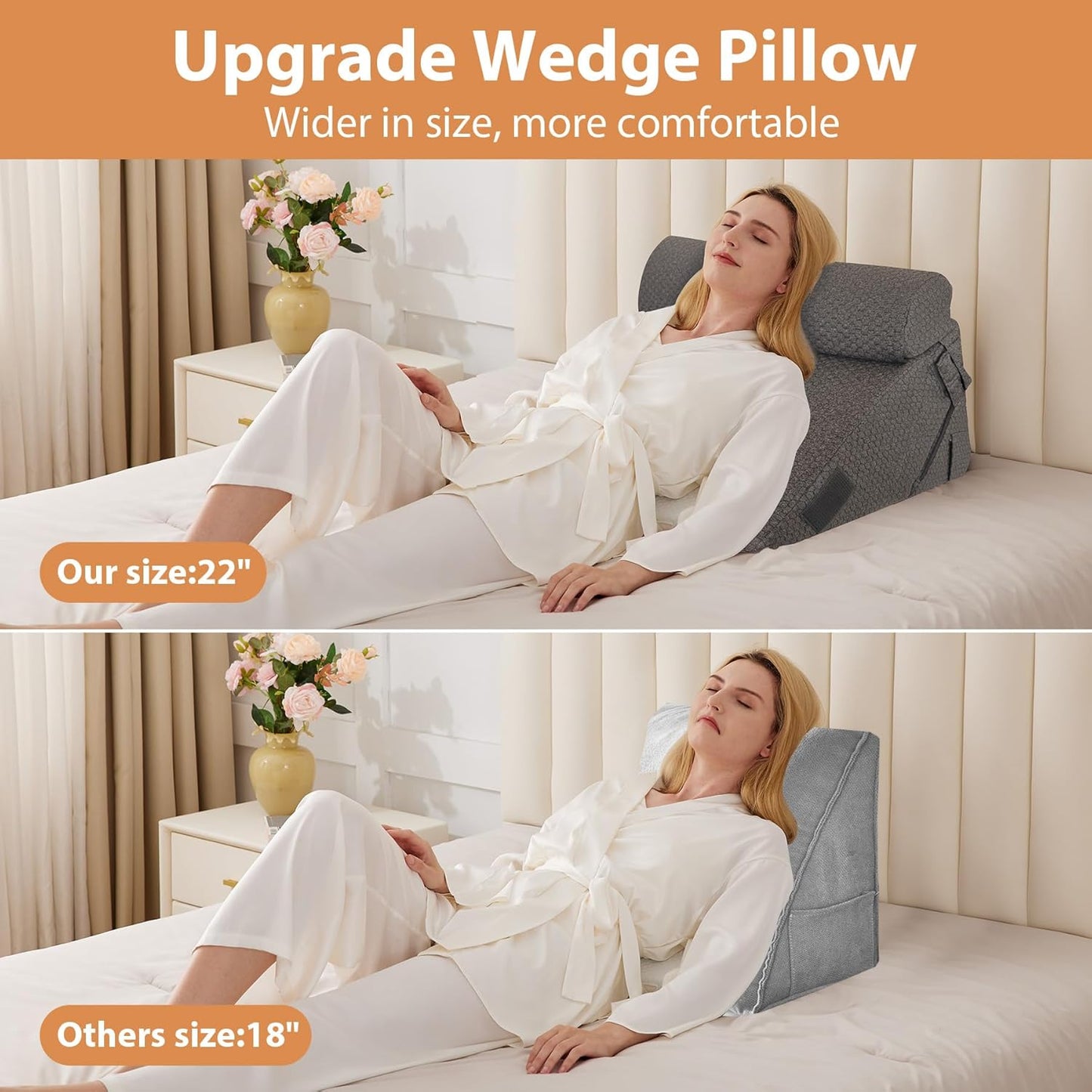 BIEEZZK Wedge Pillow Set for After Surgery, Wedge Pillow for Acid Reflux, Bed Wedge Pillow with Adjustable 9&12inch for Headboard,Sleeping, Orthopedic Memory Foam for Neck&Back Support, White/Grey