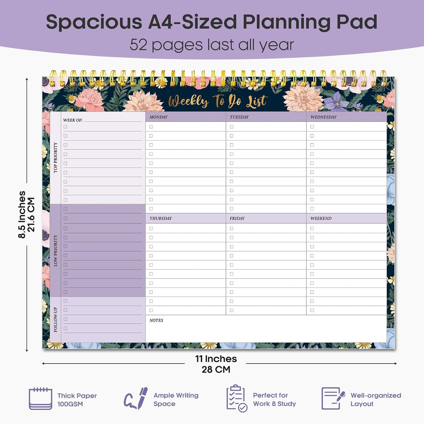 Taja Weekly To Do List Notepad with 52 Undated Sheets（8.5"×11"）- Weekly Desk Planner for Women & Man, Work and Home -1 Pack Violet Dream
