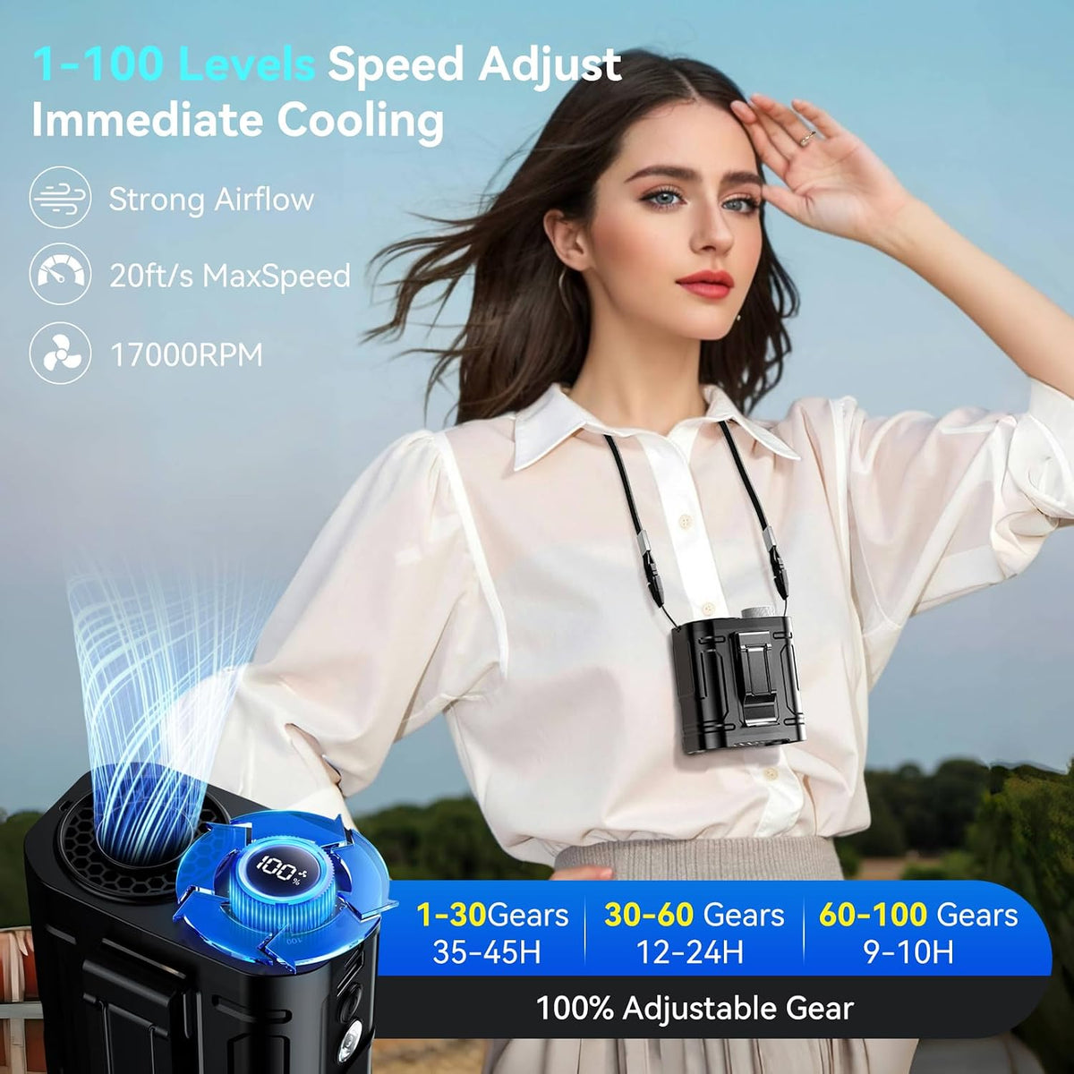 12000MAh Portable Waist Fan, 100 Speeds 17000RPM Strong Airflow, Belt Fan with up to 45H of Working Time, Flashlight Hands-Free Hanging Neck Fans,Rechargeable Wearable Personal Fans for Outdoor