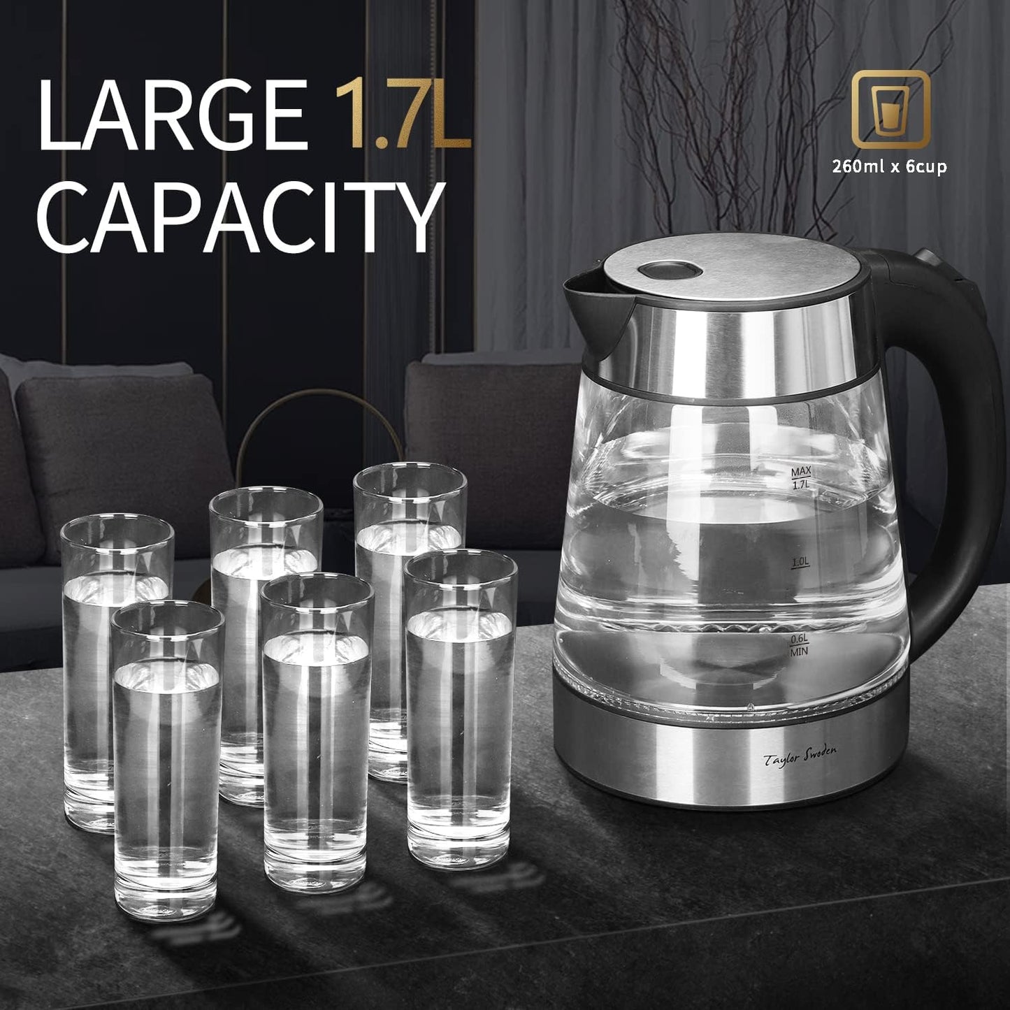 Taylor Swoden 1.7L Electric Tea Kettle, Glass Hot Water Boiler for Tea