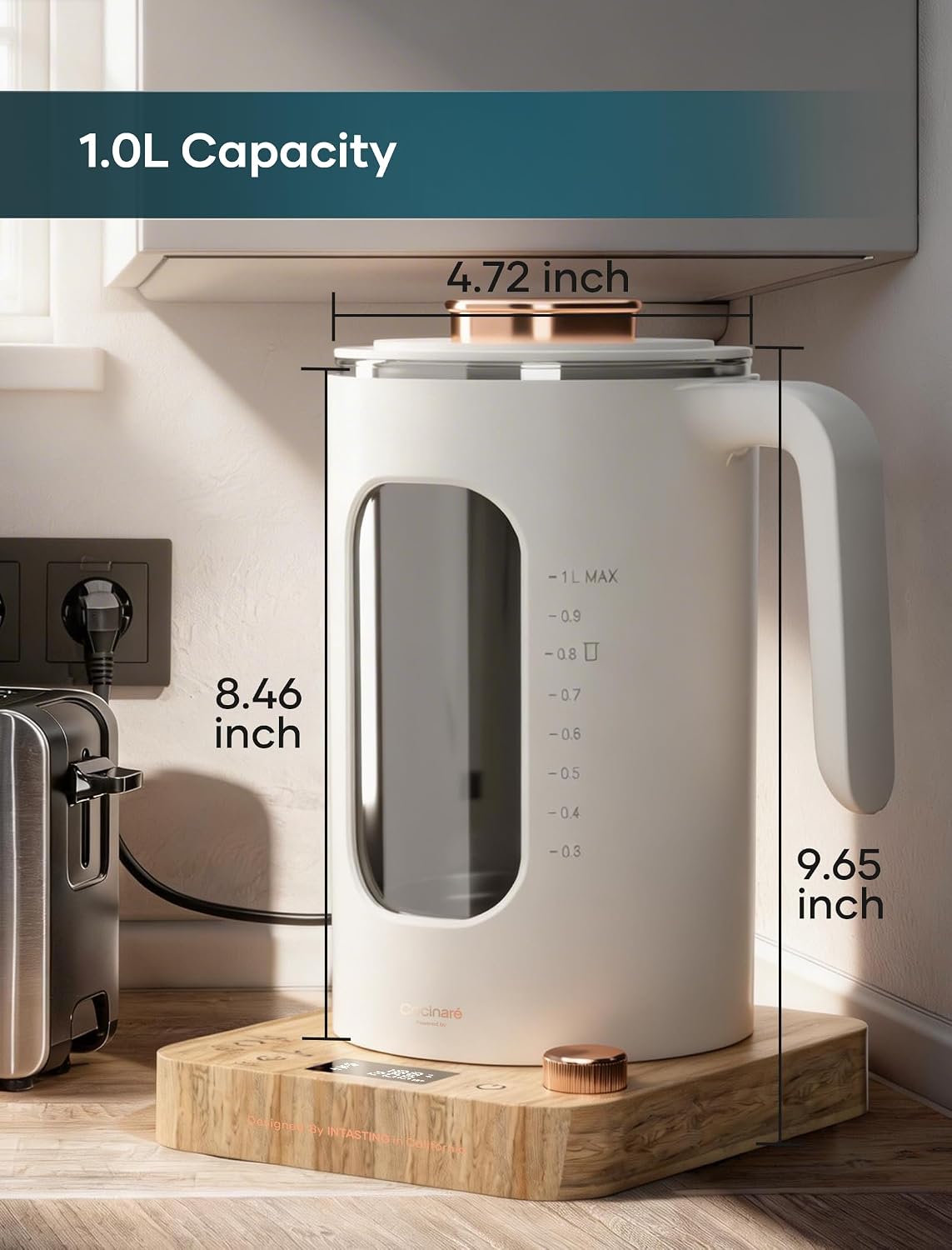 INTASTING Electric Tea Kettle, Electric Kettle with Tea Infuser, ±1℉ Knob Temperature Control, BPA-Free Glass, 1200W Fast Heating, Easy to Clean, 1 Liter (Dark Gray)