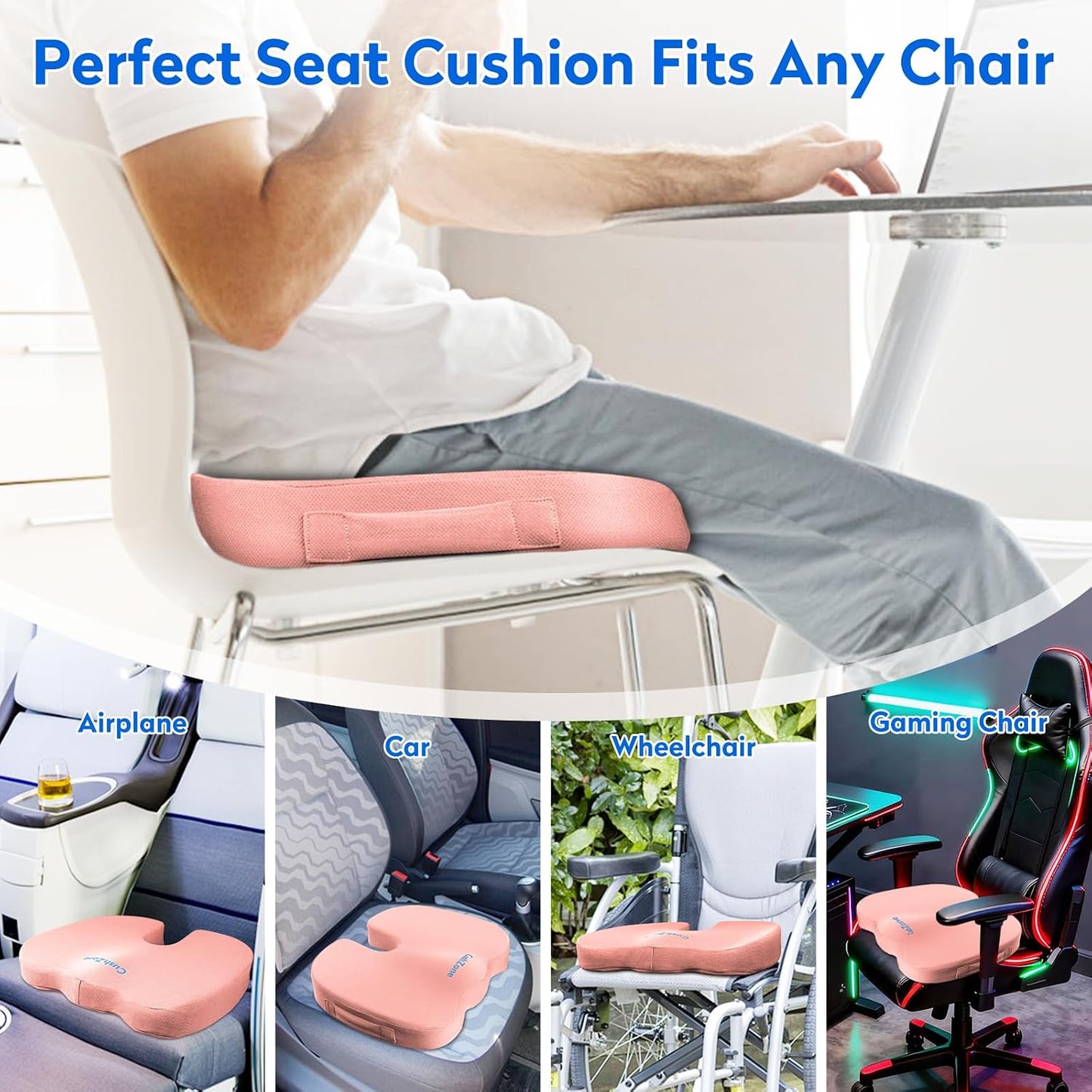 CushZone Seat Cushion - Memory Foam Office Chair Cushion for Sciatica, Tailbone & Back Pain Relief - Orthopedic Coccyx Pillow for Car, Airplane, Pregnancy & Long Sitting at Work, Black