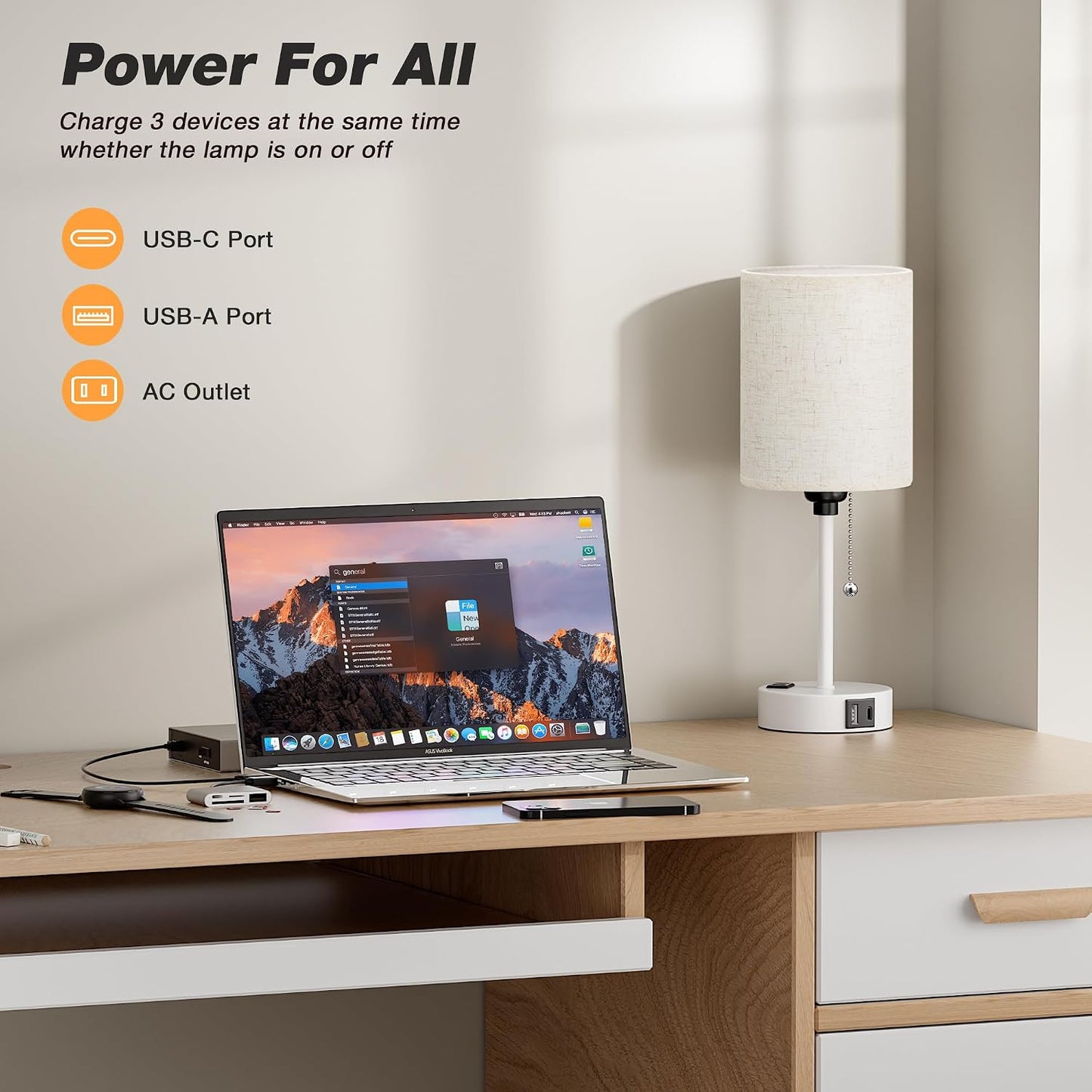 Small Bedside Table lamp for Bedroom - 3 Color Temperatures Bedside Lamps with USB C and A Ports, Pull Chain Table Lamps with AC Outlet, White Nightstand Lamps with Black Metal Base for Kids Reading