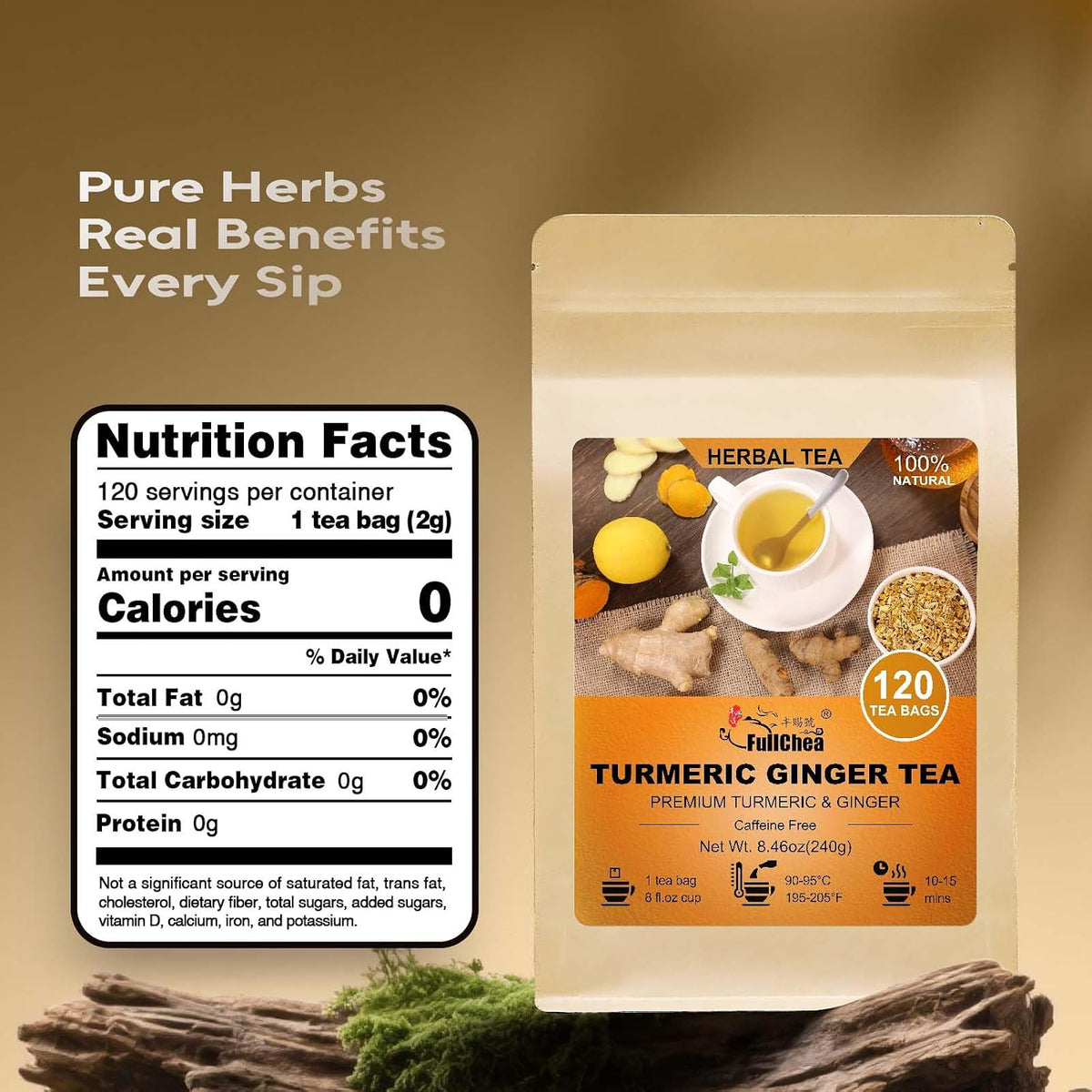 FullChea - Turmeric Ginger Tea Bags, 120 Count, Dried Herbal Blend
