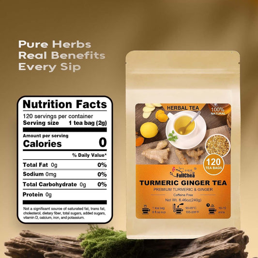 FullChea - Turmeric Ginger Tea Bags, 120 Count, Dried Herbal Blend