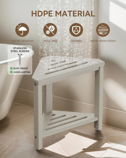 Shower Foot Rest 15in, HDPE Waterproof Shower Stool for Inside Shower, Corner Shower Stool for Shaving Legs with Storage Shelf for Small Space, Shower Step Stool, Plastic Corner Shower Bench, White