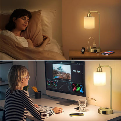 Industrial Table Lamps for Bedrooms Set of 2 - Fully Dimmable Bedside Lamps with USB A and C Ports and Outlet, Black Nightstand Lamps with Glass Shade for Living Room, Desk Lamps for Office Reading