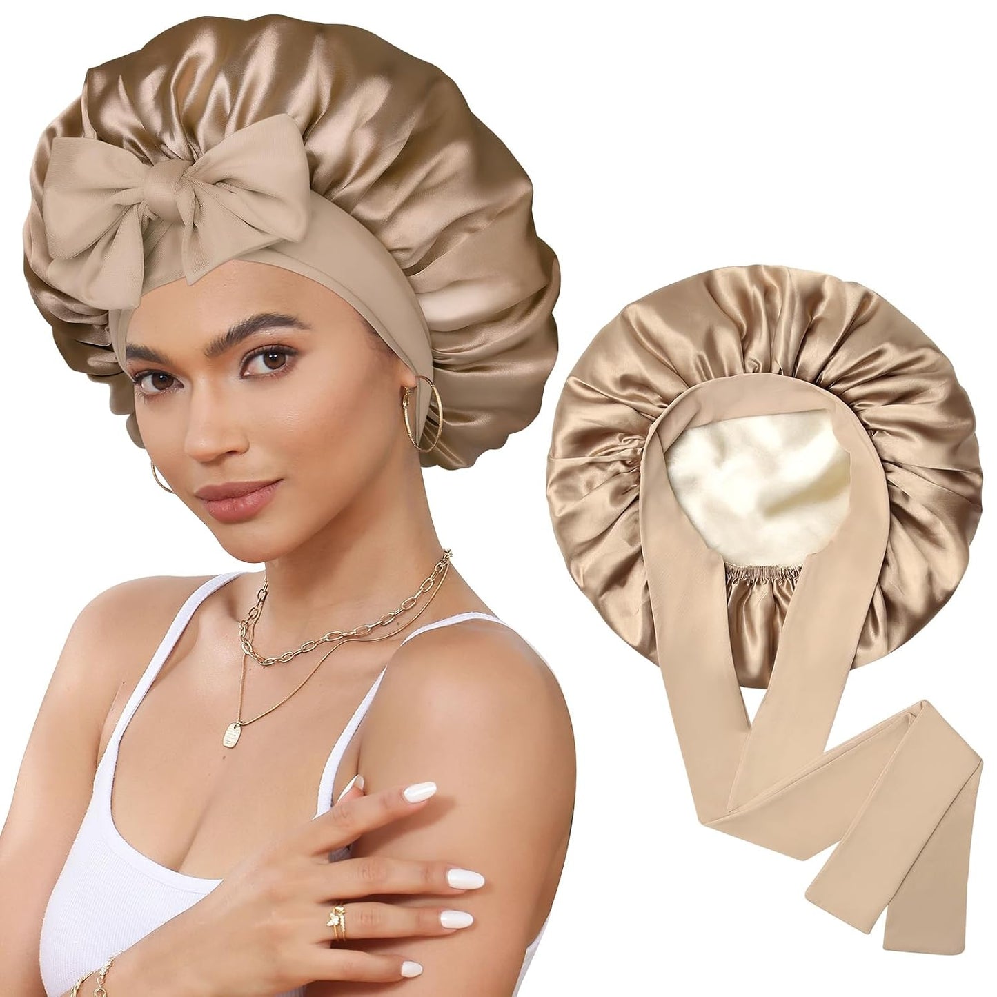 Satin Bonnet for Sleeping Cap Double Layer Hair Bonnet with Elastic Tie Band for Curly Hair Night Cap (Bean Paste + Pink)