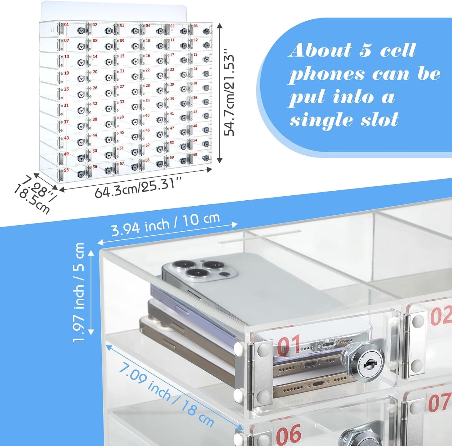 Threan 12 Slot Cell Phone Storage Box, Acrylic Clear Cell Phone Storage Cabinet Wall Mounted with Door, Locks and Keys for Office School Factory