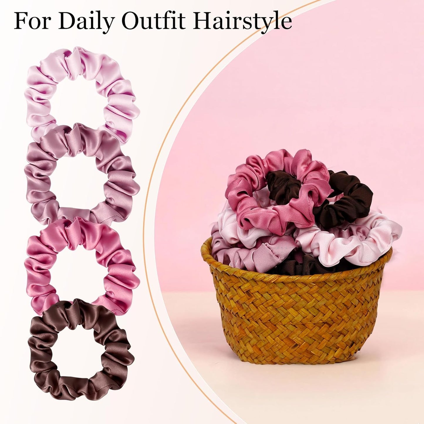 Satin Scrunchies for Women – 8PCS Blush & Brown Silk Hair Ties Set – No Crease, Frizz-Free, Gentle Elastic Hair Bands, Soft & Stylish Everyday Hair Accessories Gifts