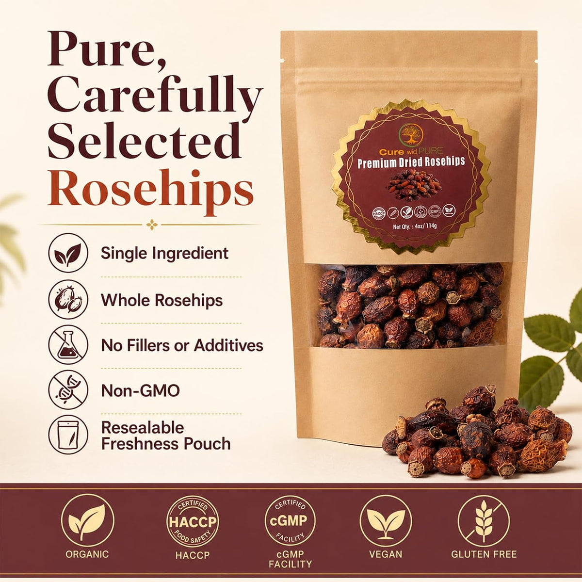 Cure wid Pure Dried Rose Hips 4oz RoseHip Tea Rich in Vitamin C