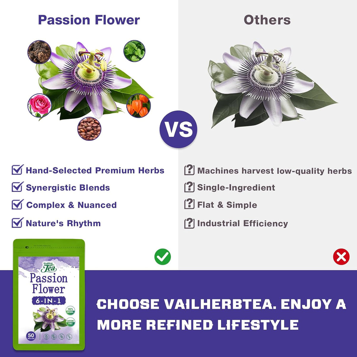 VailHerbTea Passion Flower Tea Bags for Relaxation & Sleep Support, 6-in-1 Herbal Tea w/Lemon Balm Ashwagandha - Caffeine Free - 50 Count