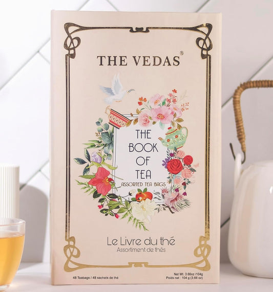 The Vedas Book Of Tea | Assorted Tea Bags Gift Box | 12 Exotic Herbal Tea Blends In Handcrafted Cotton Tea Bags & Pyramid Teabags | 4 Units of Each Variety, Net 48 | Tea Gift Hamper | Tea sampler gift set box | Tea collection | Tea sets for women gift |