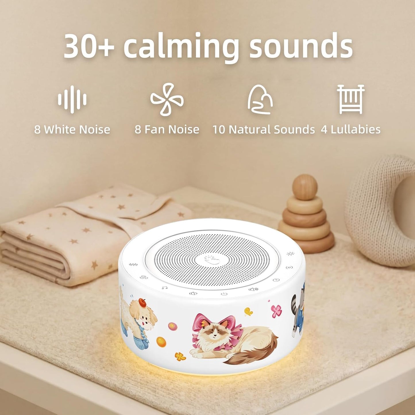 Kipcush White Noise Machine for Baby & Adults, 30 Soothing Sounds, Soft Non-Glare Nursery Lamp, 8 Color Night Lights, Memory Function (Angel V1 White, Standard)