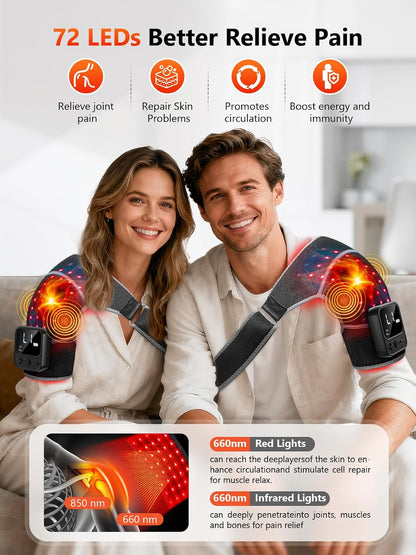 Red Light Therapy for Shoulder with Heat & Massage 5000mAh Cordless Near-Infrared Light Therapy Wrap, 216 Beads 660nm & 850nm Shoulder Brace for Men Women Portable Pad Last 90-380mins