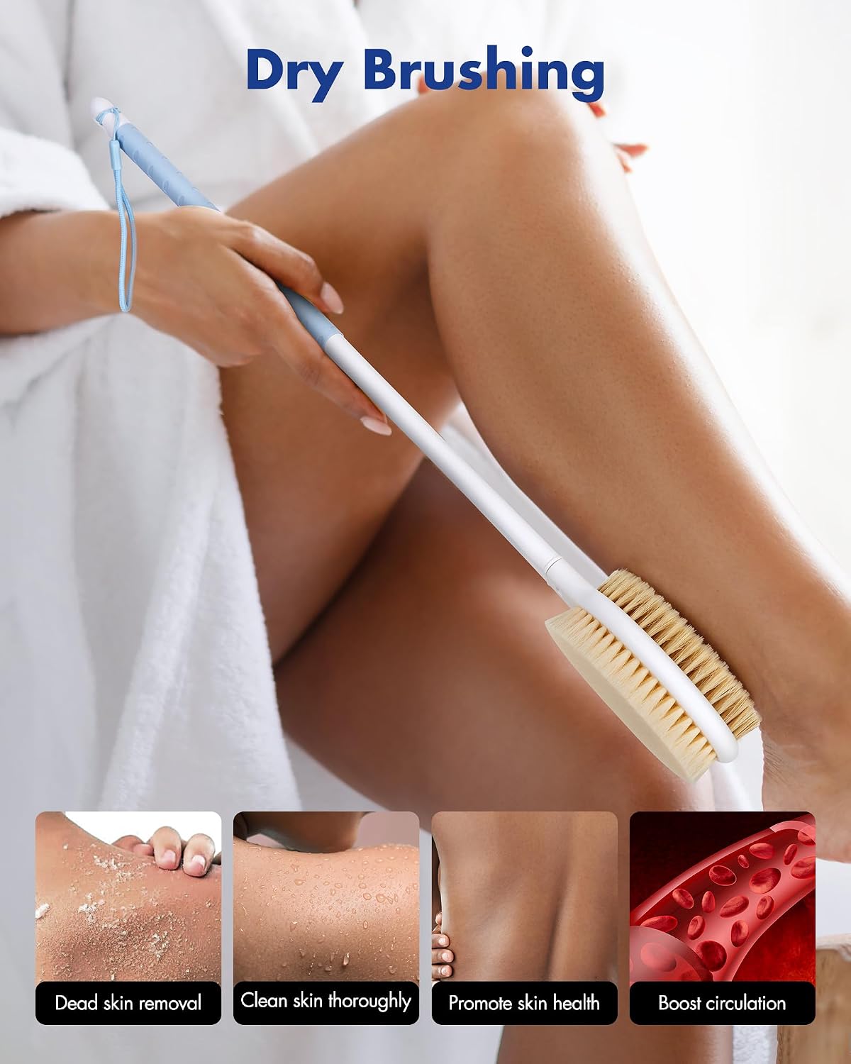 Dry Brushing Body Brush for Massage - Natural Boar Bristle Exfoliating Brush with Massage Nodes for Lymphatic Drainage, Cellulite, Blood Circulation Improving Skin Health for Women Men Elderly(Grey)