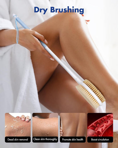 Dry Brushing Body Brush for Massage - Natural Boar Bristle Exfoliating Brush with Massage Nodes for Lymphatic Drainage, Cellulite, Blood Circulation Improving Skin Health for Women Men Elderly(Grey)