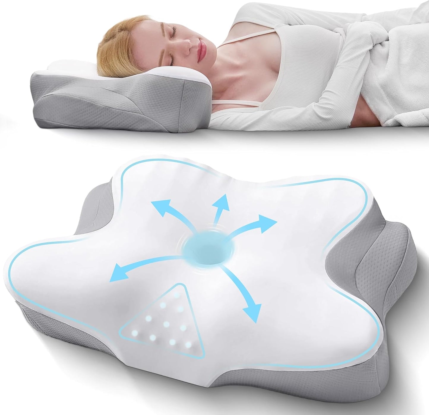 BDEUS Cervical Neck Pillow for Sleeping – Ergonomic Memory Foam Pillow with Massage Nodes for Neck Pain Relief, Side Sleeper & Back Support, CertiPUR-US Certified, Grey