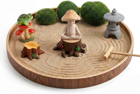 Mushroom Mini Zen Garden Kit for Desk Decor,Mushroom Meditation Frog Figurines Sand Tray Therapy Office Whimsical Decor,Nature Forest Decorations Accessories for Home Room Cottage Core