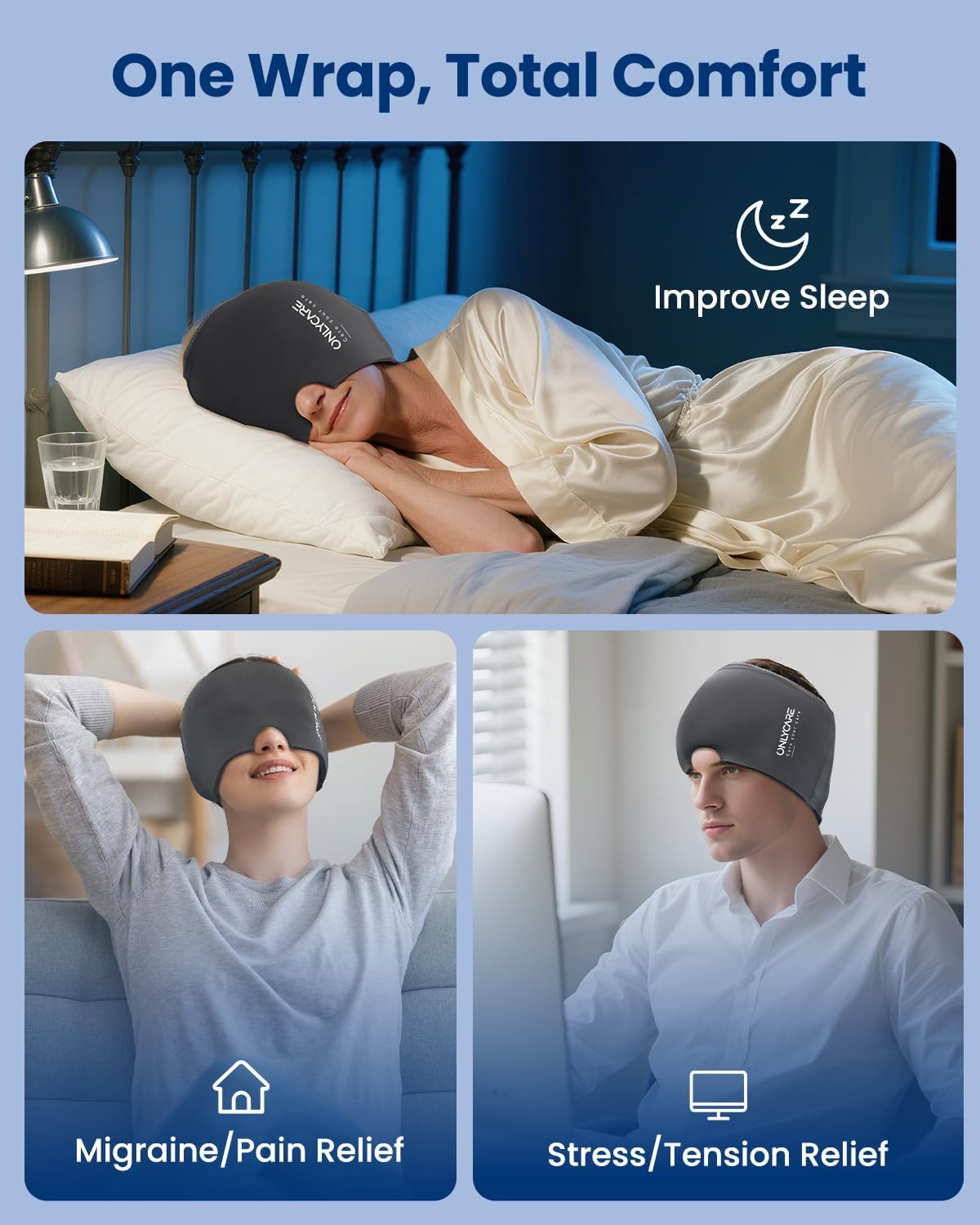 ONLYCARE Migraine Relief Cap, Upgraded Headache Relief Cap with Odorless Reusable Gel Head Wrap, Soothing Face Ice Pack Mask Products with Hot & Cold Therapy for Tension, Stress, Hangover & Puffy Eyes
