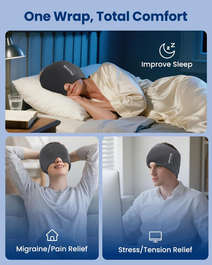 ONLYCARE Migraine Relief Cap, Upgraded Headache Relief Cap with Odorless Reusable Gel Head Wrap, Soothing Face Ice Pack Mask Products with Hot & Cold Therapy for Tension, Stress, Hangover & Puffy Eyes