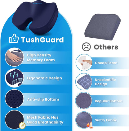 TushGuard Seat Cushion for Office Chair Memory Foam Non-Slip Cushion Back, Relief Chair Pad, Butt Pillow for Office Chair, Car, Computer Desk, Black