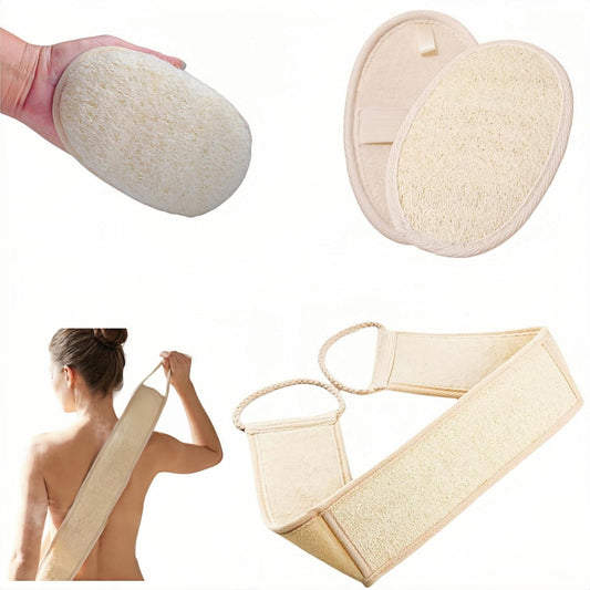 Natural Loofah Exfoliating Body Scrubber, 2-Piece Set, Includes Loofah Back Scrubber + Loofah Sponge, Bath Shower Loofah Scrubber for Men & Women, to Clean Body Deeply, Invigorate Your Skin