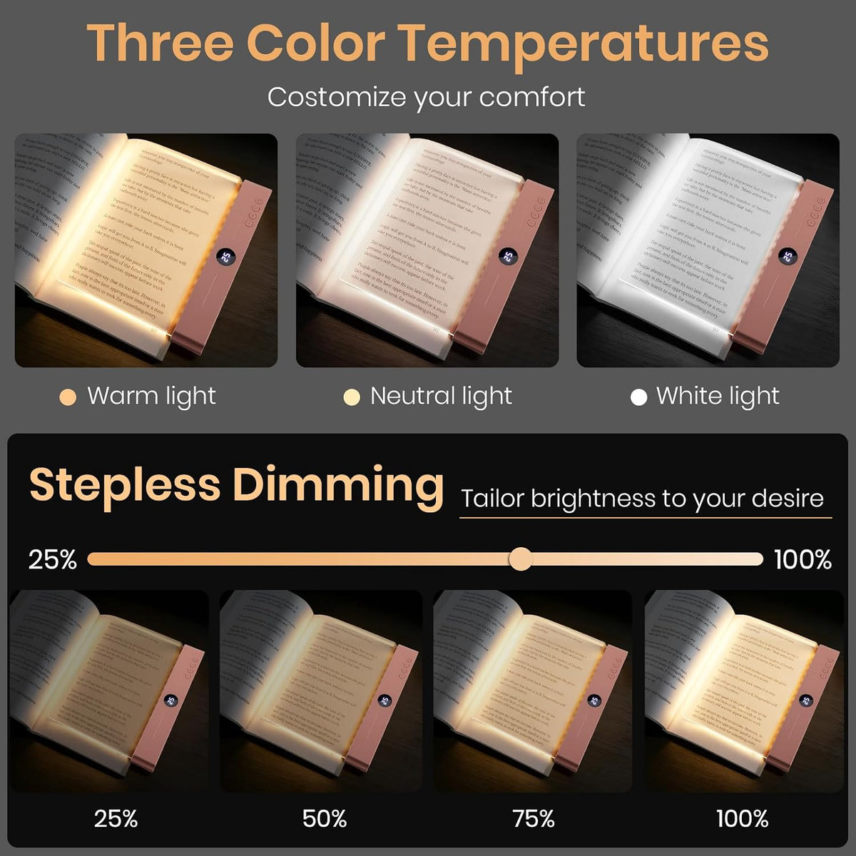 LED Book Light, 3 Color Temps & Stepless Dimming, Night Reading with Timer