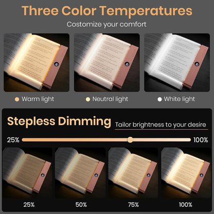 LED Book Light, 3 Color Temps & Stepless Dimming, Night Reading with Timer