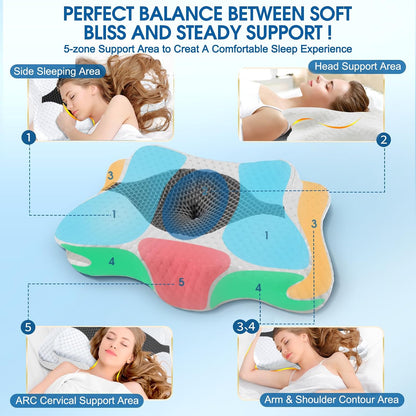 CHxxy Cervical Neck Pillow for Pain Relief Sleeping, Memory Foam Pillows, Ergonomic Side Sleeper Pillows, Cooling Orthopedic Neck Support Pillow for Back Stomach Sleepers-Queen Size Grey&Grey