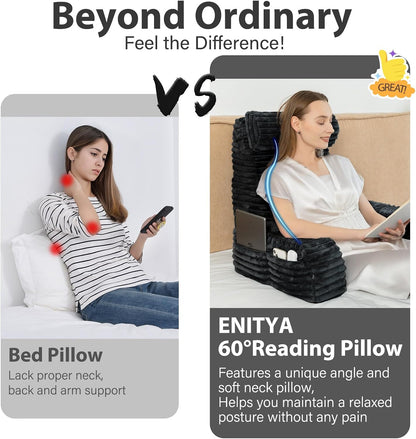ENITYA 22" XL Back Pillow for Bed Sitting Up, Reading Pillow with Armrests & Big Pockets, Soft Back Support Chair, Ideal for Watching TV, Gaming, Nursing, Resting, Post Surgery, Dark Grey