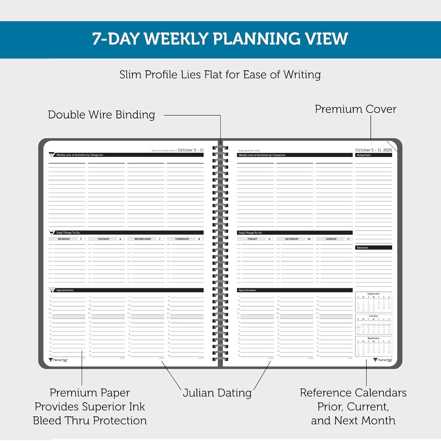 Planner Pad Spiral Bound July 2026 – June 2027 / Academic Year 8 1/2" x 11" Large 3-Tier Funnel Down 12 Month/Weekly Size Organizer, Greenish Grey Cover/Soft Green Ink