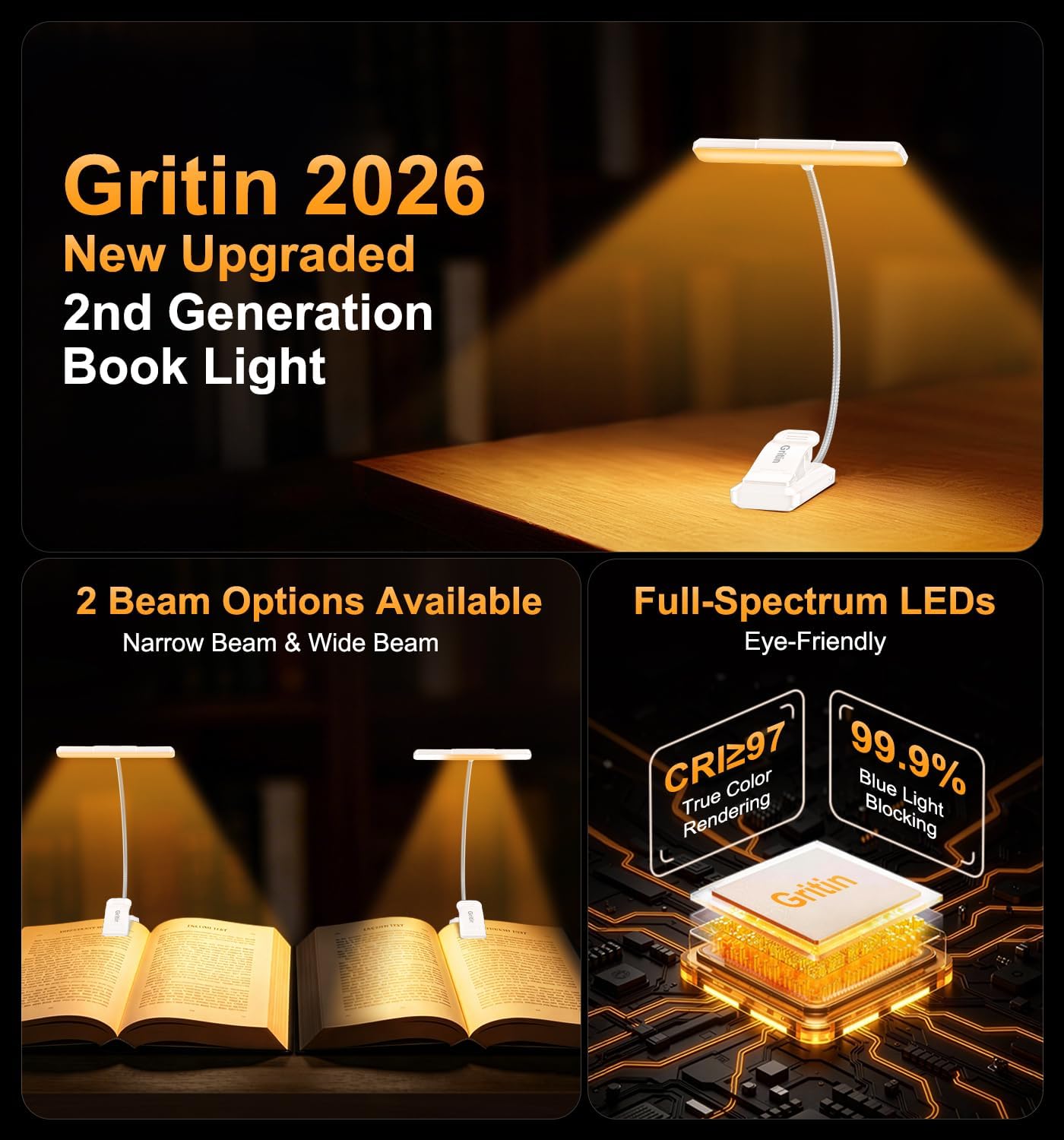 Gritin 2026 Gen 2 Book Light for Reading- 32 Eye Caring Full Spectrum LED | 5 Colors & 5 Brightness, Adjustable Wide/Narrow Beam, Upgrade 1500mAh Long-Lasting Rechargeable Clip on Light for Book Lovers
