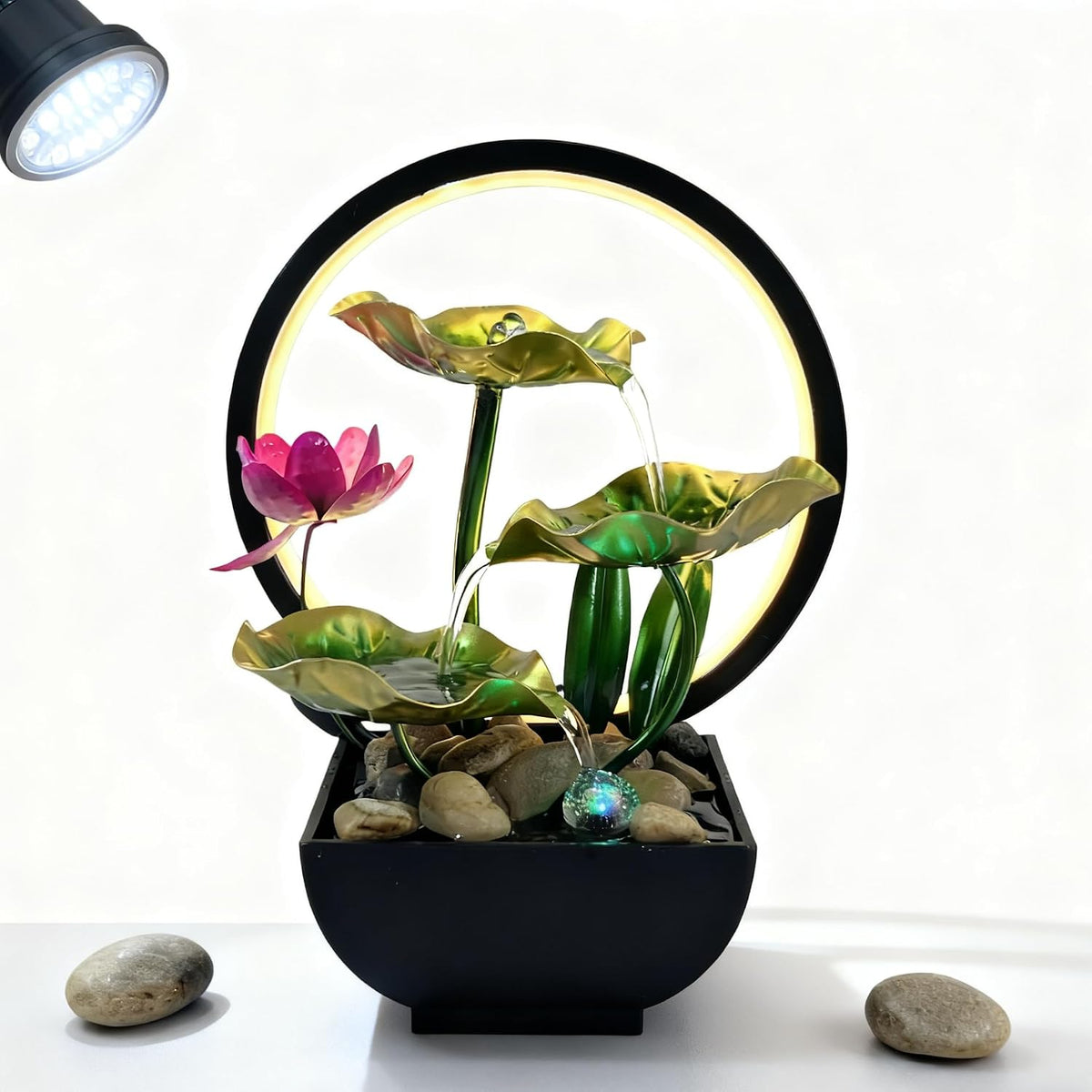 AOZITA Tabletop Fountain, Indoor Waterfall Fountain, Small Home Décor Zen Relaxation Soothing Sound Machine for Office, Living Room, or Bedroom,Blue Metal Lotus with Bud, River Rocks,Round LED