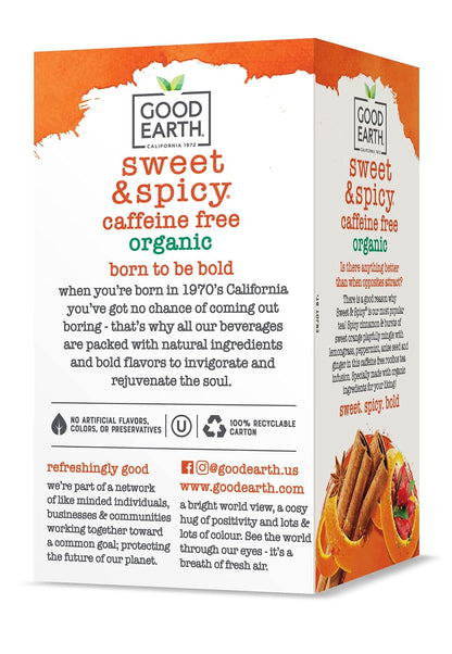 Good Earth Tea, Sweet & Spicy Organic Herbal Black Tea, 18 Count, Pack of 6, Hot or Iced, USDA Organic Sweet & Spicy with Cinnamon & Citrus