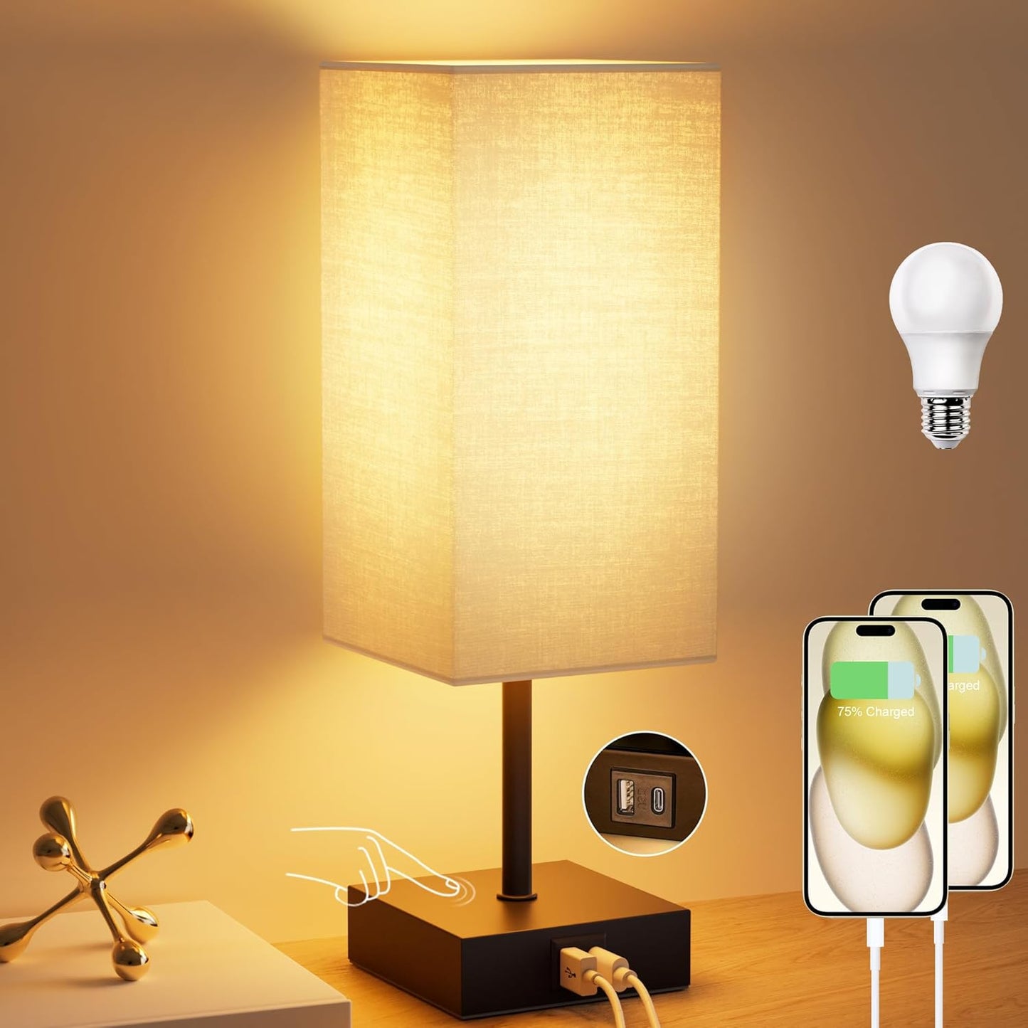Table Lamp for Bedroom, 3 Way Dimmable Touch Bedside Lamp, Small Lamp with 2 USB C+A Charging Ports, Black Nightstand Lamps for End Table, Living Room, Desk, Bulb Included