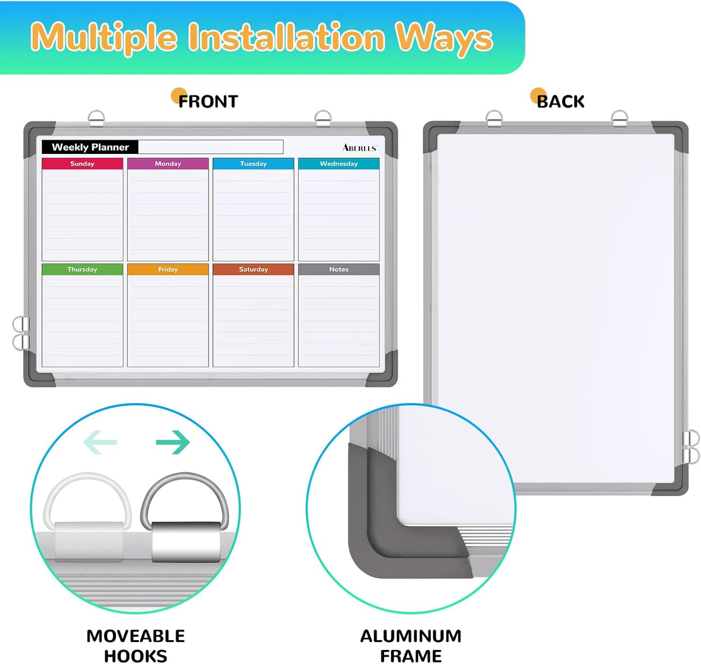 Weekly Calendar Whiteboard for Wall, 16x12 Inches Dry Erase Board, Small Magnetic White Board, Double-Sided Hanging Board for Office School Home Kitchen, Portable Board for Drawing Planning To Do List