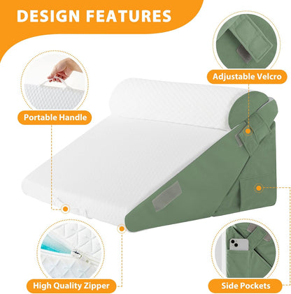Ruqmuis Wedge Pillow Set for After Surgery, 3PCS Adjustable 9&12 Inch Bed Wedge Pillow for Sleeping, Incline Pillow Wedge for Headboard, Post Surgery, Acid Reflux, Neck&Back Support, White/Grey