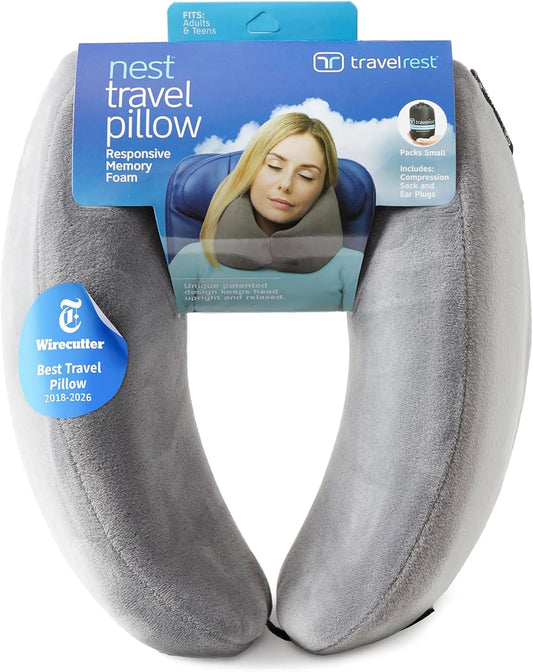 TRAVELREST Nest Neck Pillow Travel Essentials - Memory Foam Support - Grey