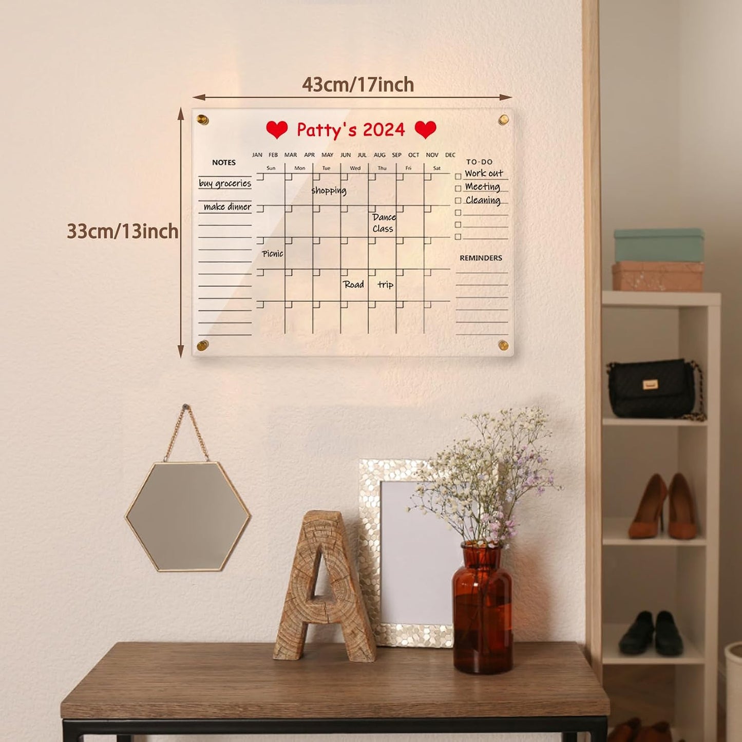 Black Acrylic Calendar Dry Erase for Wall, Family Planner, Monthly Calendar Dry Erase Whiteboard for Home, Office, 17" x 13"Reusable White Board(Acrylic-BK-3343)