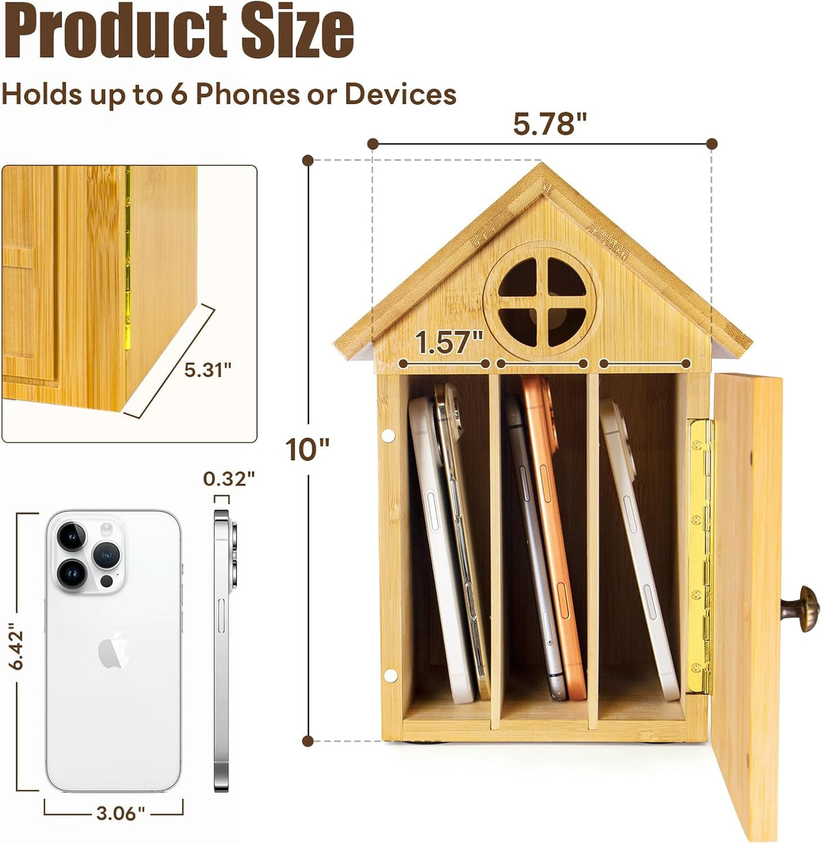 Cell Phone Box for Family Time — Premium Bamboo Phone Storage Box with Charging Ports, Holds Up to 6 Phones Self-Discipline Phone Holder Helps Children and Adults Regain Focus Decorative