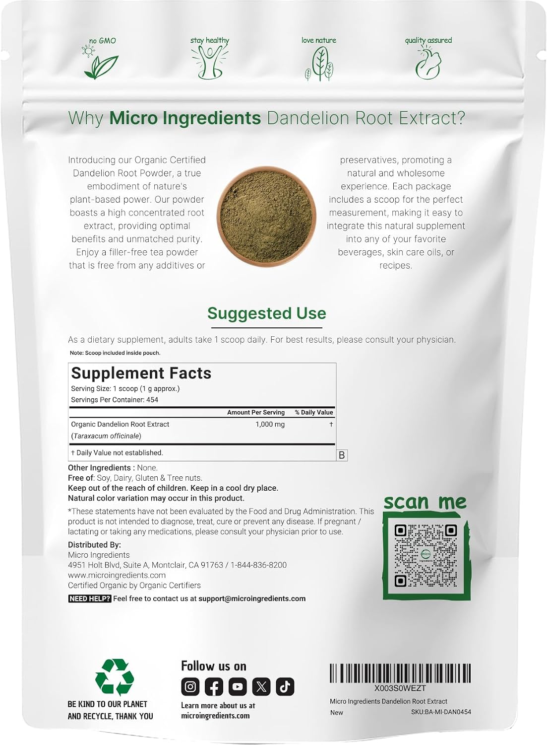 Organic Dandelion Root Tea Powder, 8oz | Up to 220 Servings | Premium Source for Daily Beverage | 100% Pure Dandelion Supplement | Caffeine Free, Non-GMO, No Sugar, Eco-Friendly Recyclable Bags