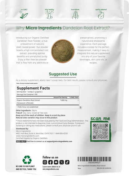 Organic Dandelion Root Tea Powder, 8oz | Up to 220 Servings | Premium Source for Daily Beverage | 100% Pure Dandelion Supplement | Caffeine Free, Non-GMO, No Sugar, Eco-Friendly Recyclable Bags