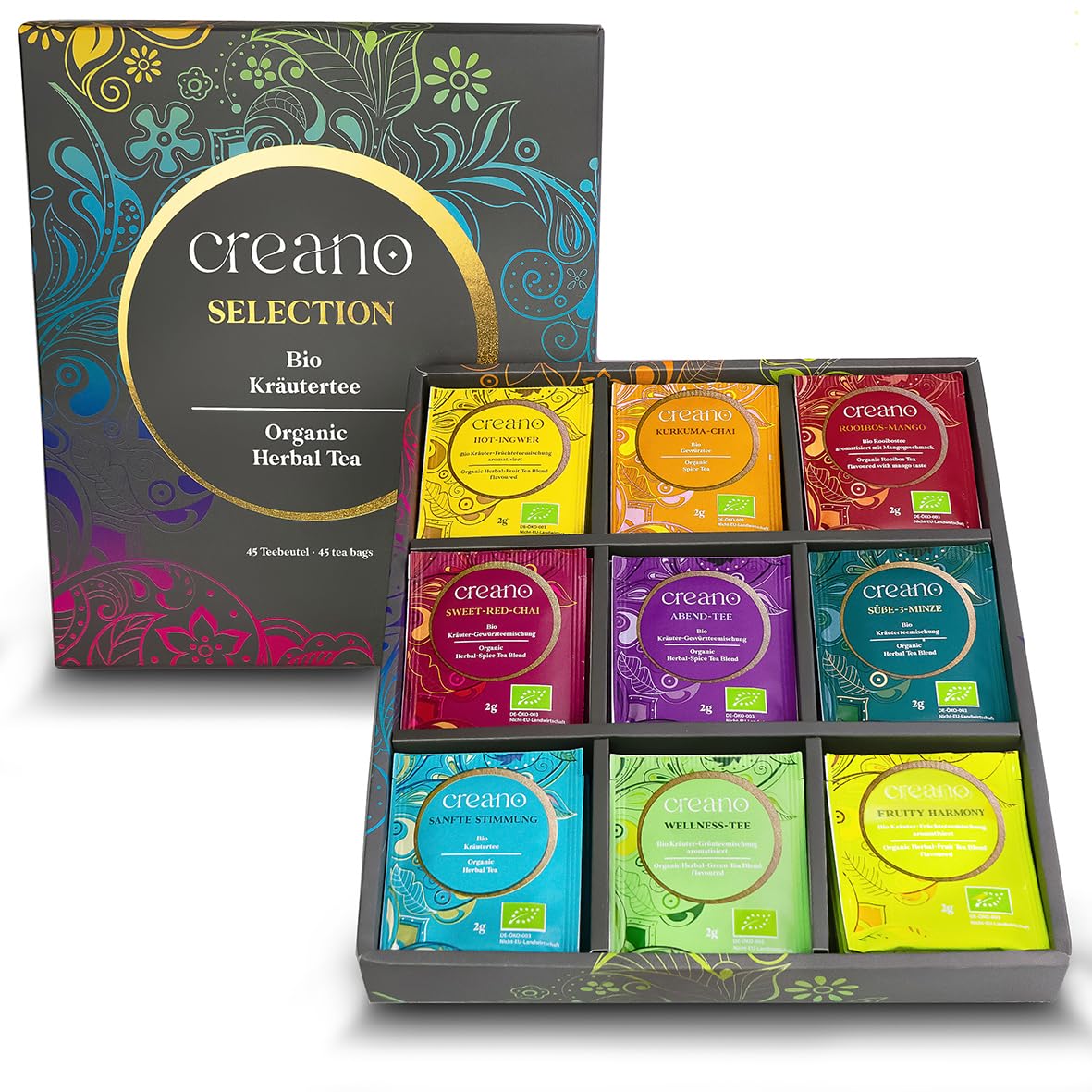 Creano Organic Herbal Tea Sampler Gift Set - Tea Gift Box - 27 Organic Tea Bags in 9 Different Varieties 54 g