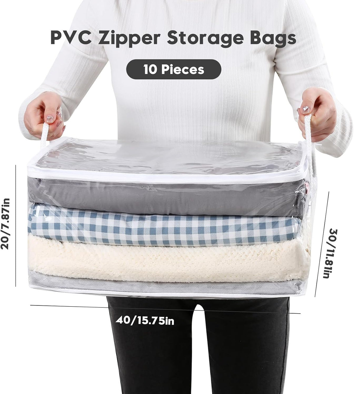 10-Pack Clear Zippered Storage Bags with Handles, Two-Way Zipper Foldable Closet Organizer, Bed Sheet Organizer, Plastic Storage Bin for Clothes, Towels