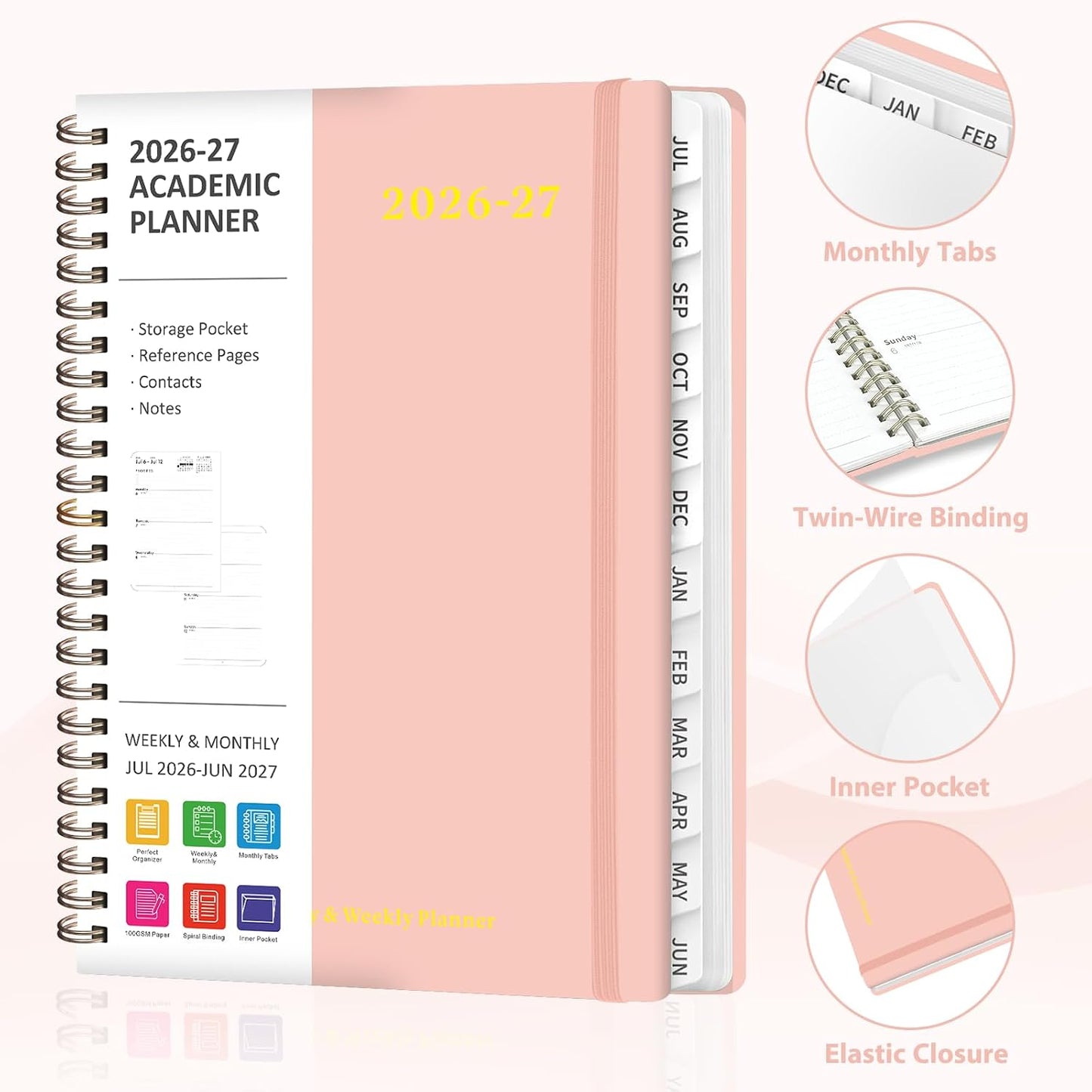 Planner 2026-2027, Weekly and Monthly Calendar Planner, JUL 2026 - JUN 2027 | Academic Year, Daily Agenda Book, A5(6.3'' x 8.5''), Sprial Bound, Inner Pocket, Office School Use